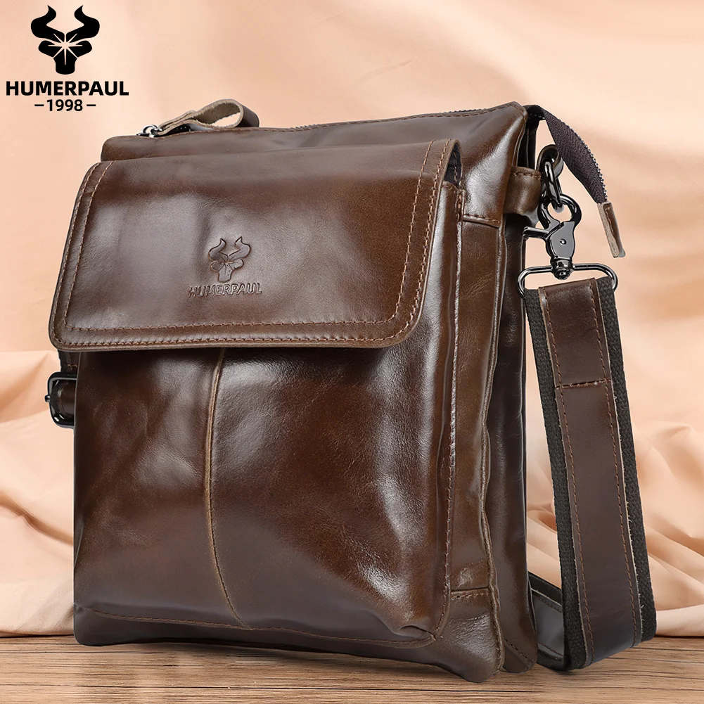 HUMERPAUL Genuine Leather Men's Messenger Bag Multifunctional Travel Crossbody Shoulder Bag with Phone Pocket for Work