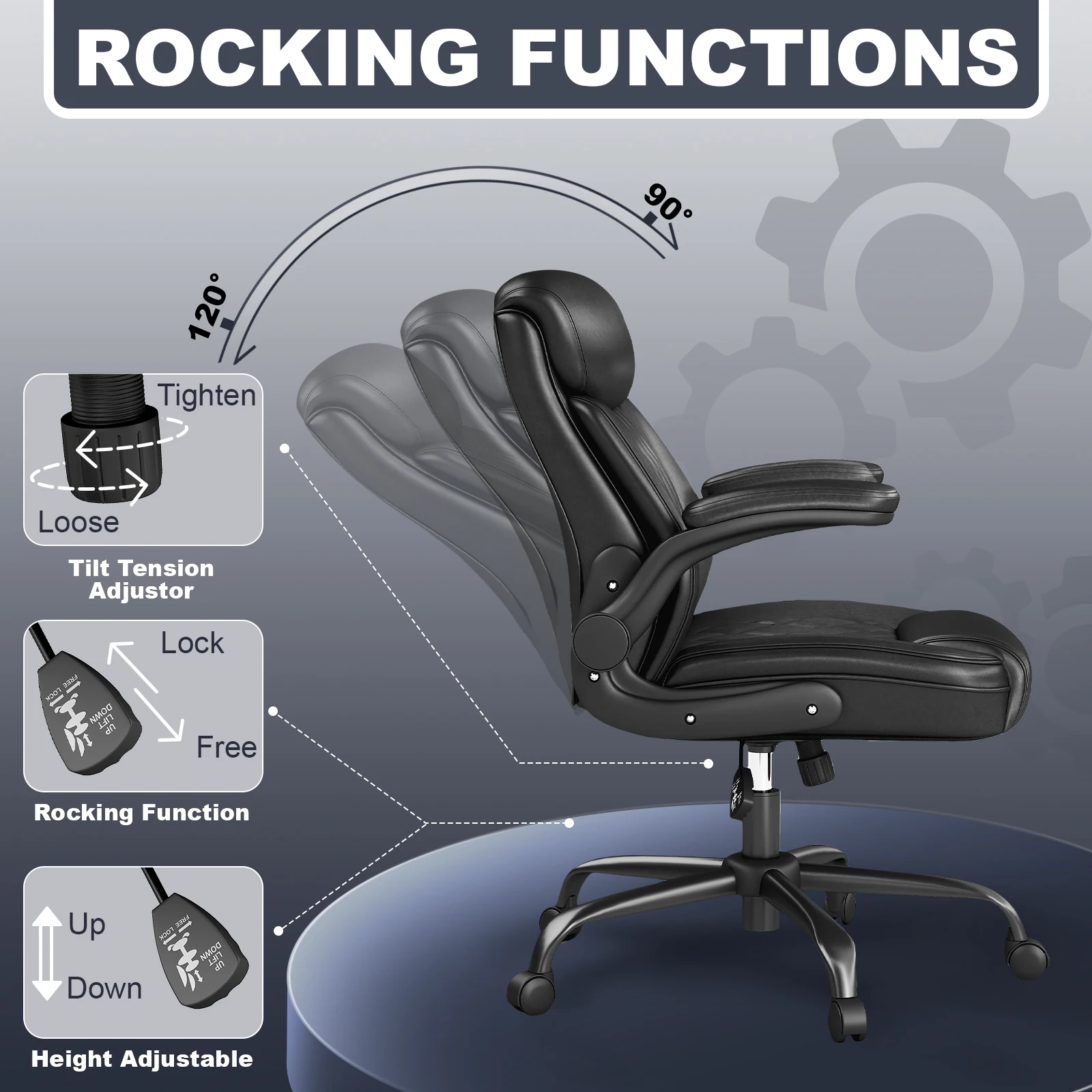 كرسي مكتب تنفيذي متوسط الظهر، جلد PU أسود، مخيط بالألماس، مساند للذراعين قابلة للتعديل، دعم قطني، #1