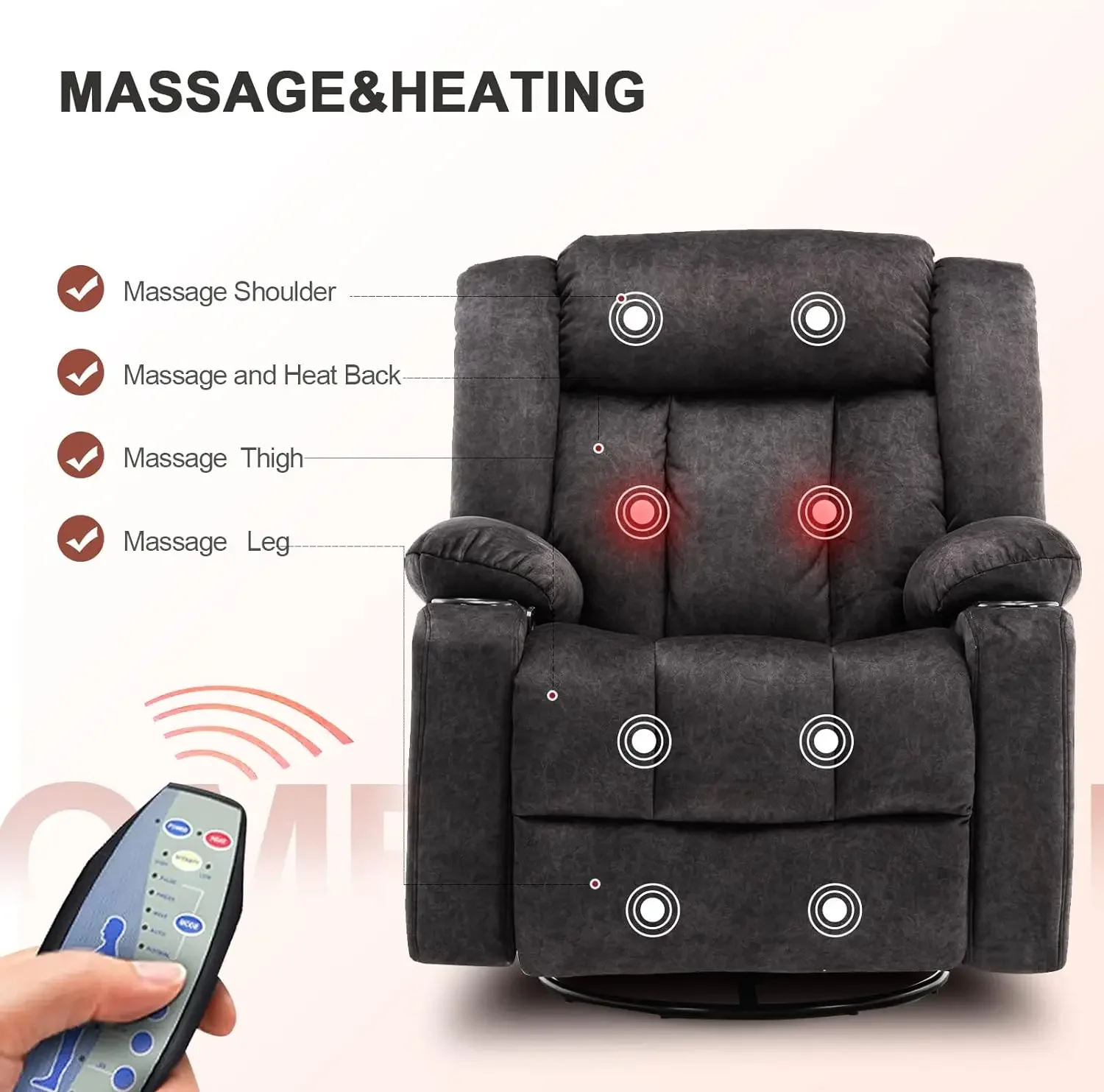 Mecedora reclinable de masaje con calefacción, asiento individual con portavasos, giratorio de 360 grados, para chico Perezoso