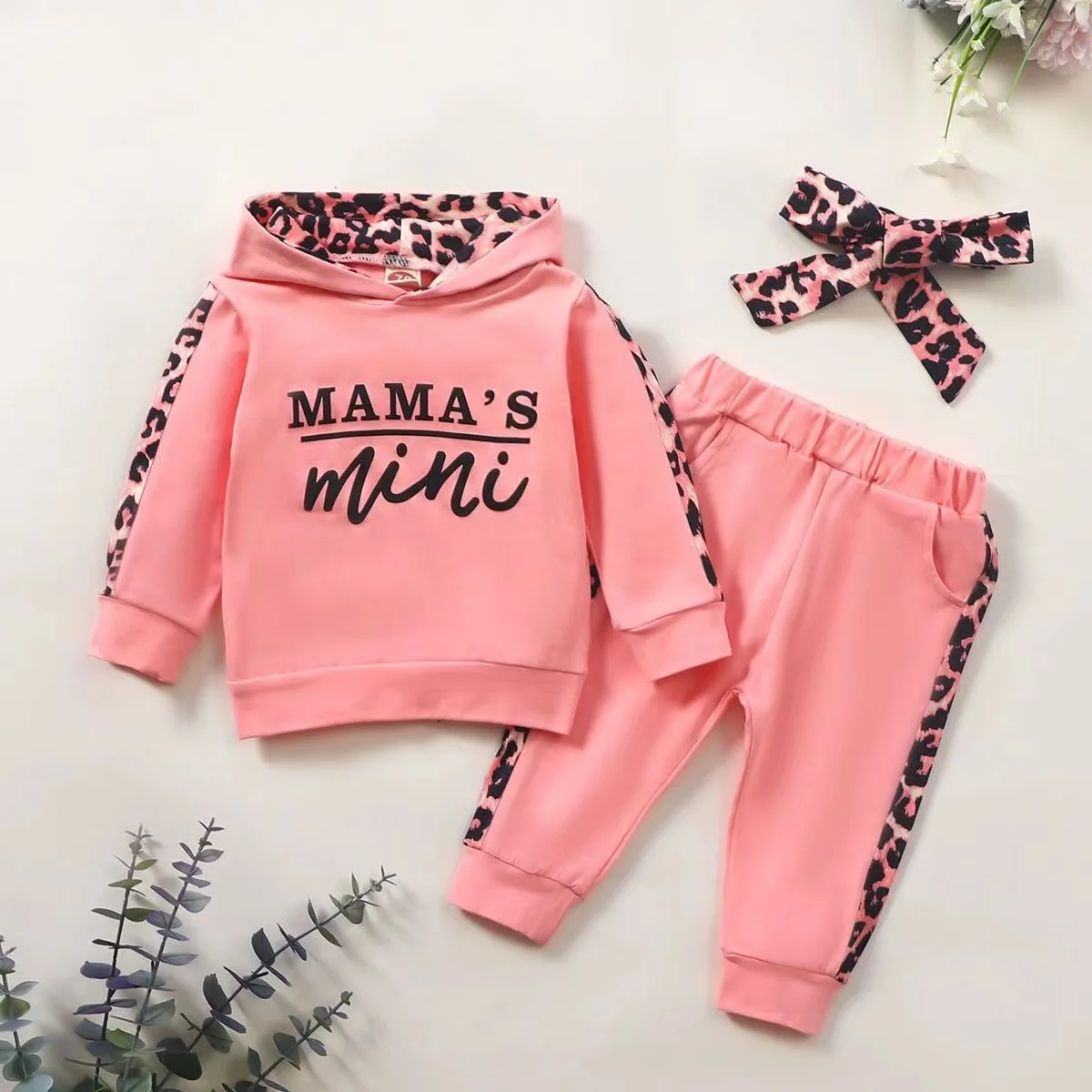 Baby Girls Autumn Winter Clothes Tracksuit Letter Long Sleeve Hoodies Tops and Leopard Stitching Long Pants with Headband 3PCS