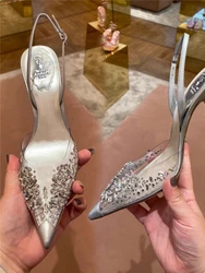 Summer pointed rhinestone beaded transparent PVC low-heeled shoes thin high-heeled banquet dress small size flat women's sandals
