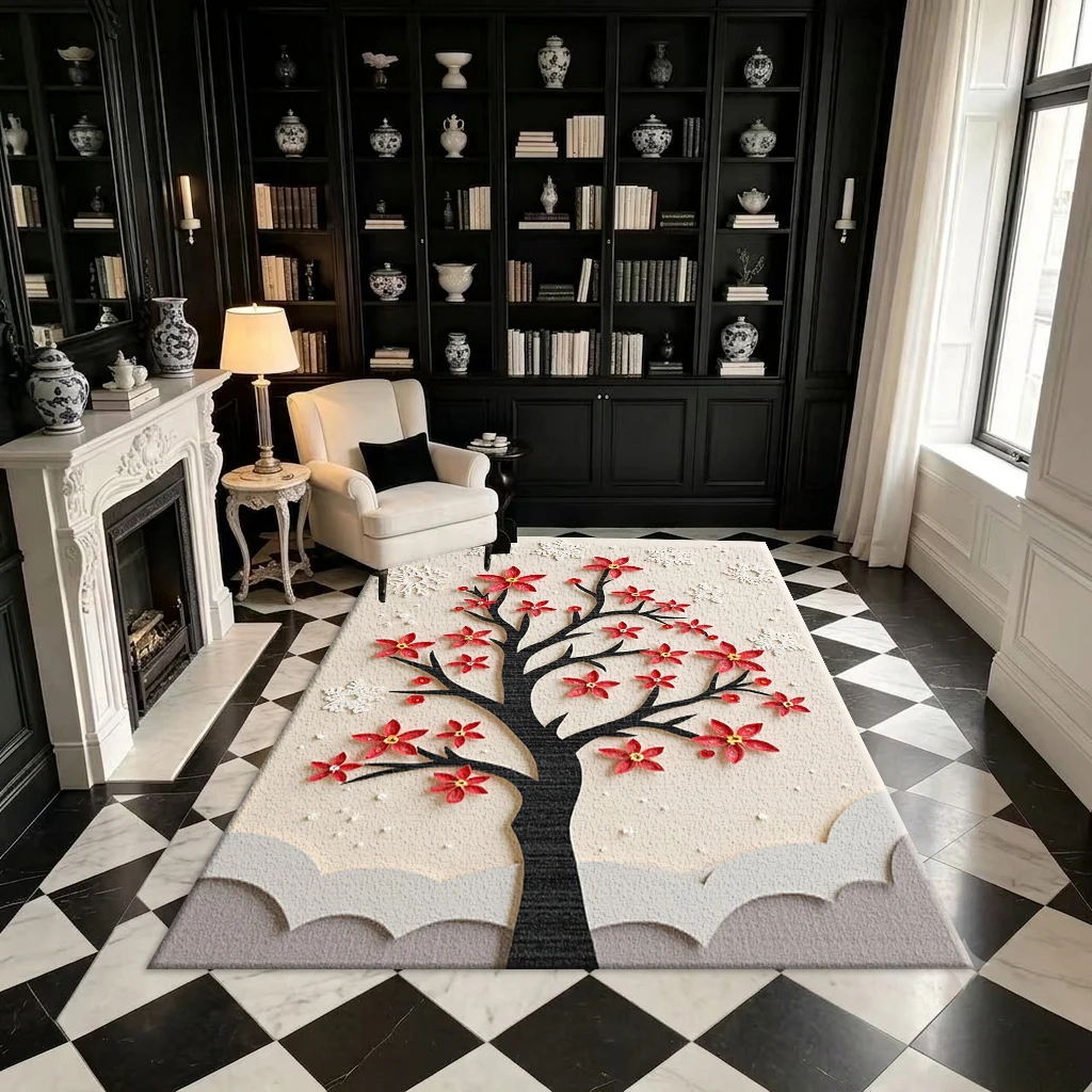 3D Paper-Cut Red Winter Plum Blossom Carpet Creative Floral Snowflake Art Print Square Carpet Suitable for Home Interior Decoration