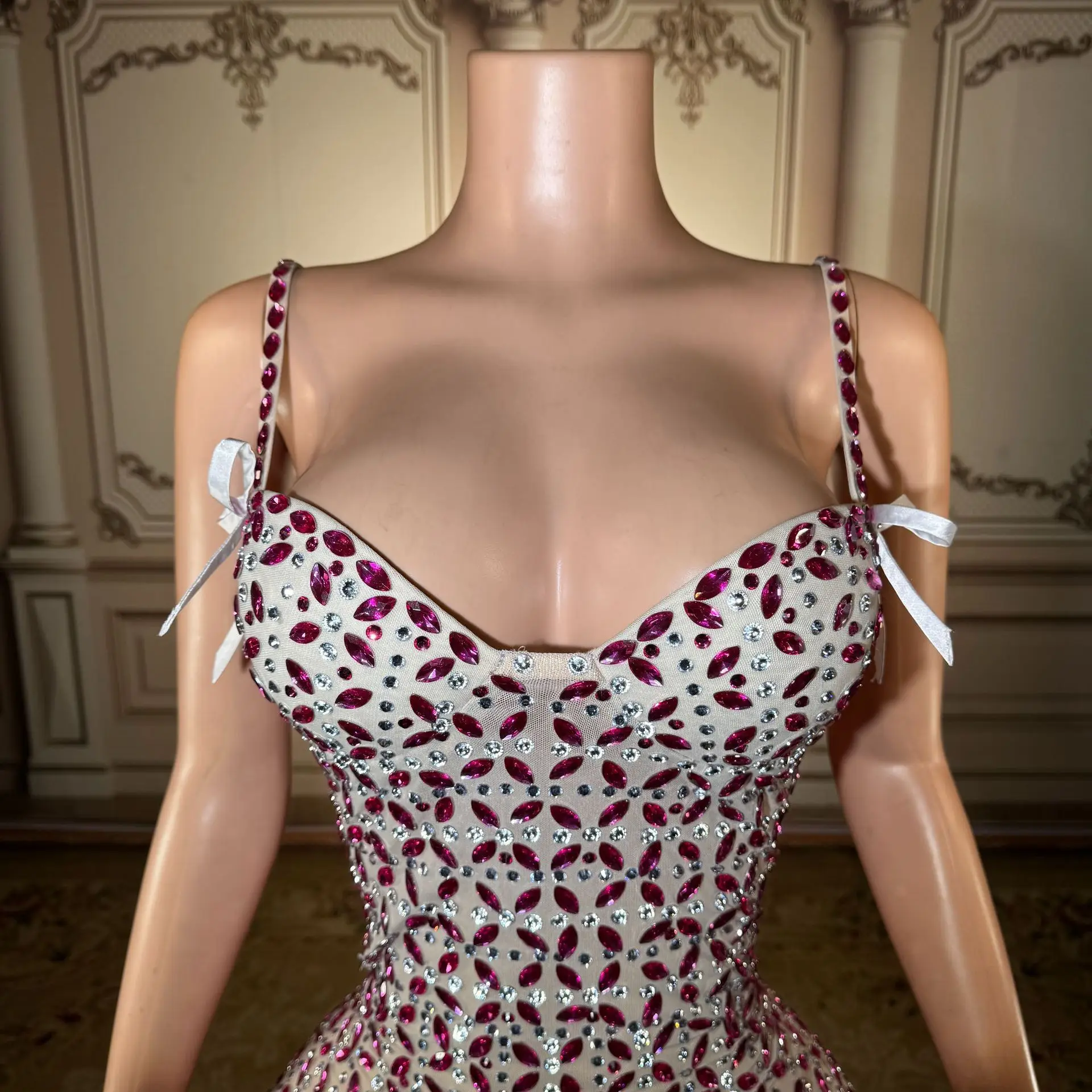 Women Sexy Crystal Mesh Stretch Floor-Length Spaghetti Strap Illusion Bodycon Translucent Dress Luxury Birthday Performance