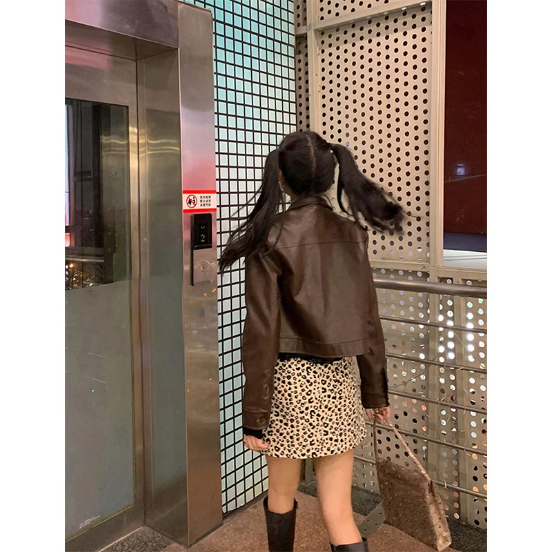 Vintage Pu Leather Short Jackets Women Motorcycle Cropped Coat Streetwear Korean Spring Autumn Brown Casual All Match Outerwear