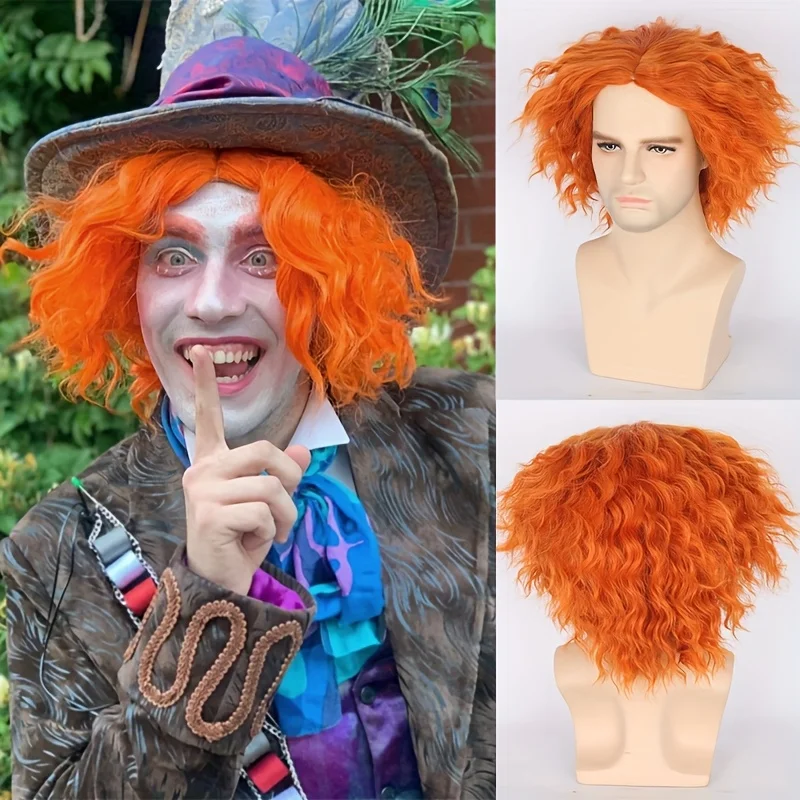 Pelucas sintéticas de Halloween para disfraz de Sombrerero loco, rizado, corto, unisex (naranja)