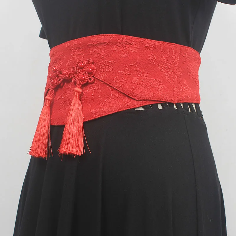 المرأة خمر الأسود مطاطا شرابة Cummerbunds النمط الصيني القديم فستان Hanfu الكورسيهات الخصر الحلي حزام أحزمة واسعة