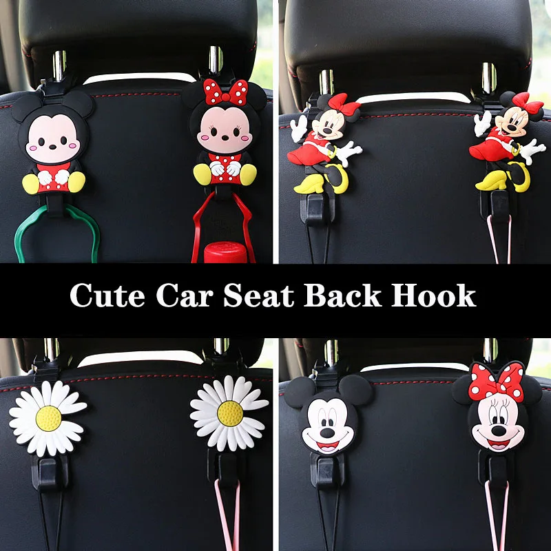 Disney Anime Mickey Mouse Car Seat Back Hook Ornaments Cartoon Cute Minnie Auto Headrest Storage Holder Hanging Bag Accessories