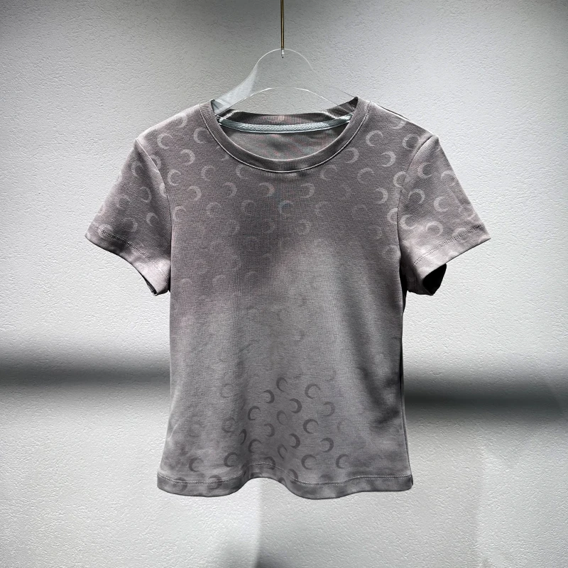 Summer 2026 Women's Casual round Neck Short Sleeve T-shirt Gradient Color Moon Print Moisture Wicking Loose Fit Creative Design