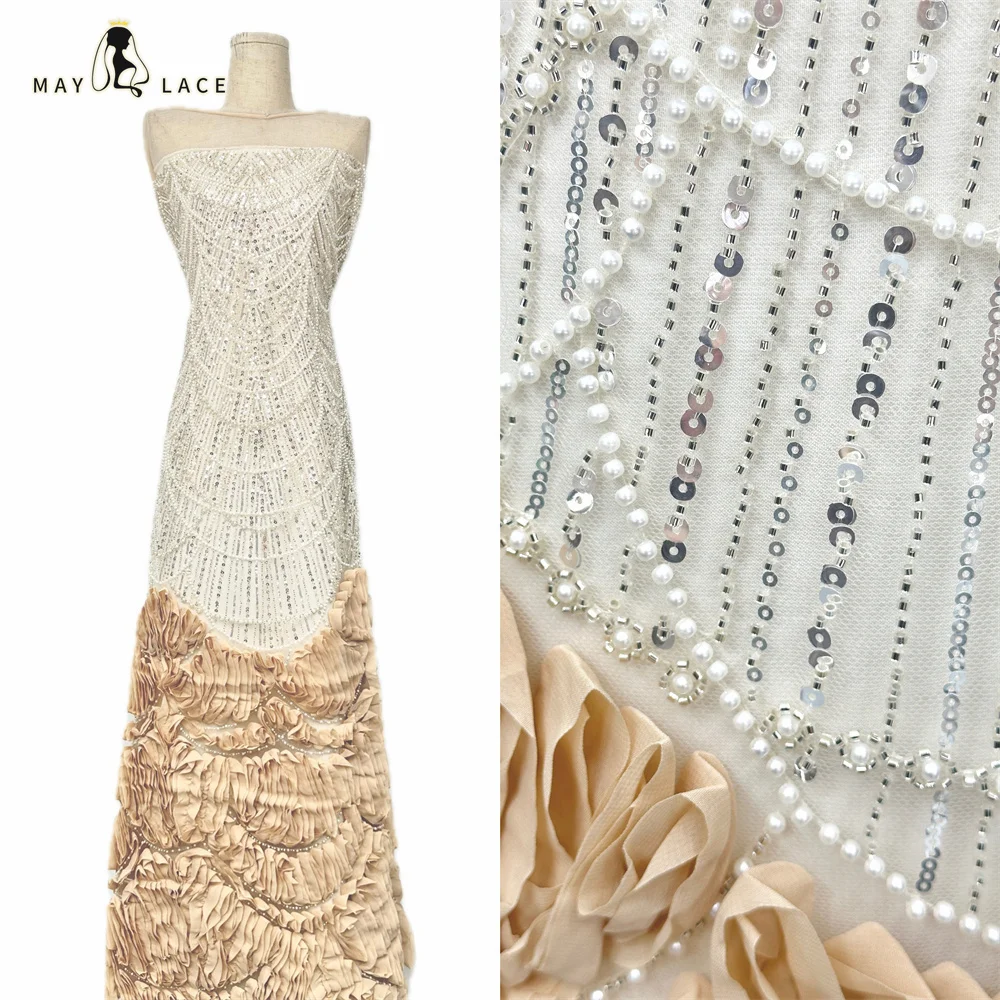 

African 3D Lace Fabric 2026 High Quality French Mesh Beaded Lace Fabric Nigerian Sequins Lace Fabrics For Wedding Party Dress