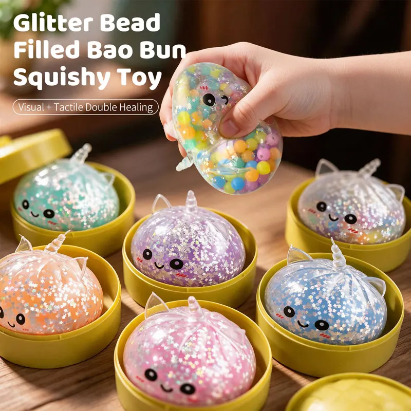 Glitter Unicorn Bao Squishy Stress Ball with Steamer Kawaii Fidget Squeeze Sensory Toy Decompression Creative Gift for Adults