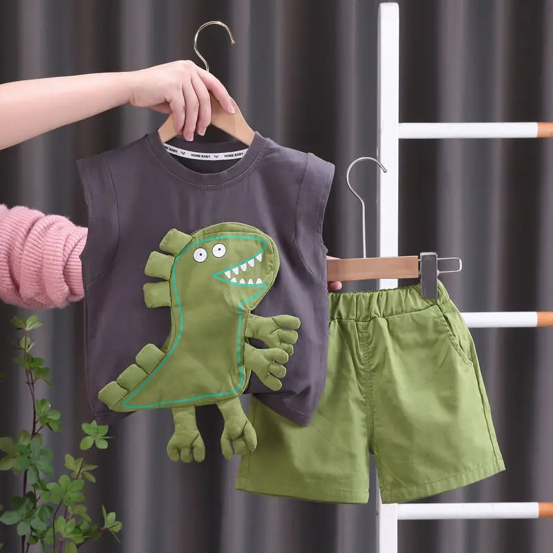 New Summer Suit Boys Cotton Vest Shorts Two-piece Cartoon Dinosaur Decorative Pullover Top Cute Fashion Children's Set