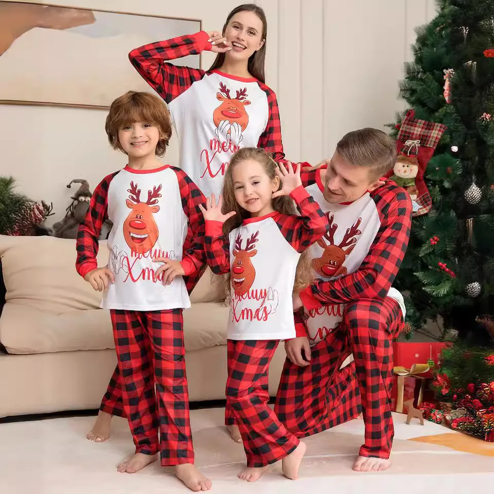 New family Christmas set cross border Fawn letters printed red plaid home wear pajamas