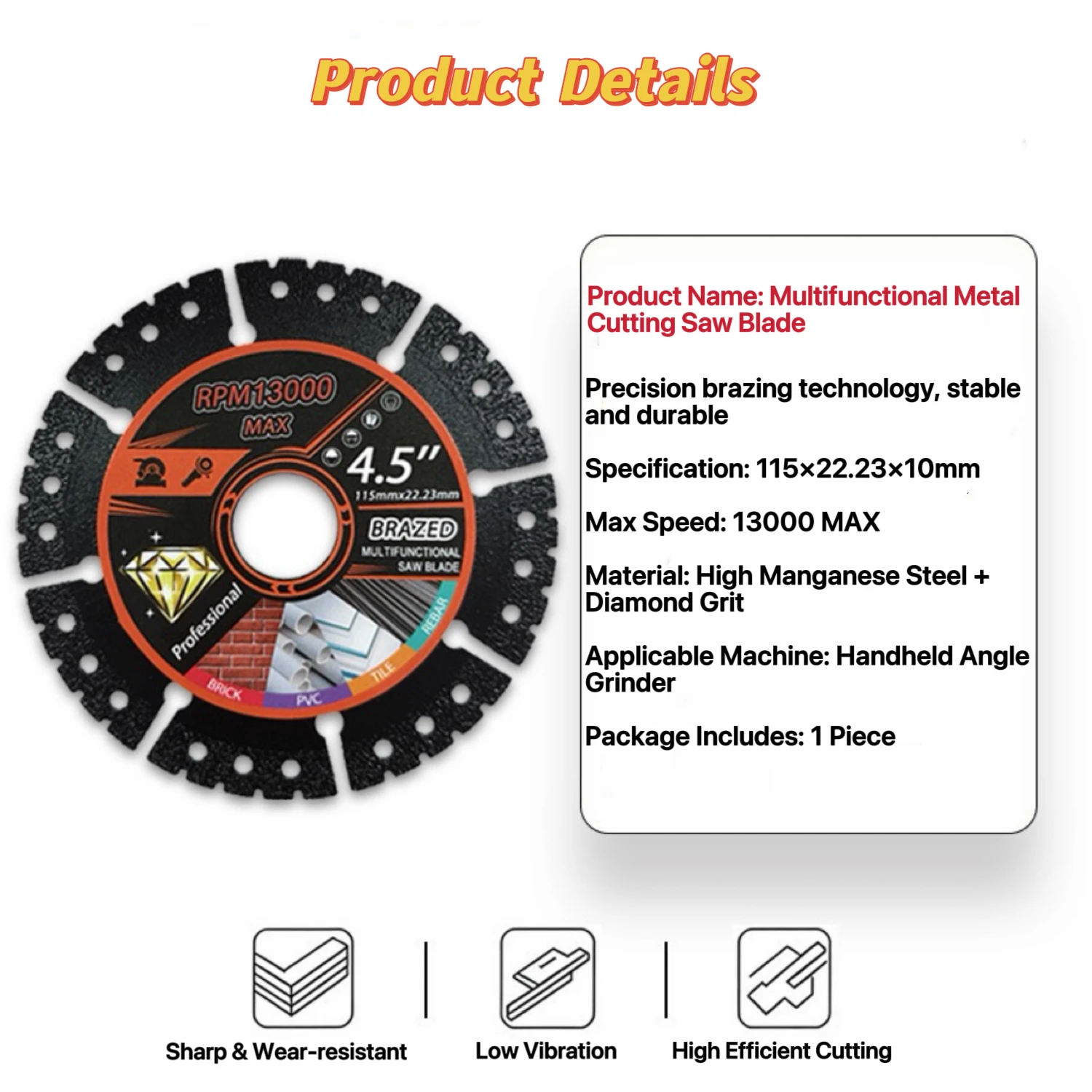 115mm Brazed Diamond Saw Blade Multifunctional Cutting Disc For Rebar Steel Pipe Angle Steel Brick PVC Tile