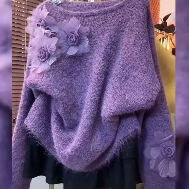 

Heavy-Duty 3d Flower Knit Sweater Top 2025 Fall/Winter New Collection Round-Neck Korean-Style Loose Pullover Women'S