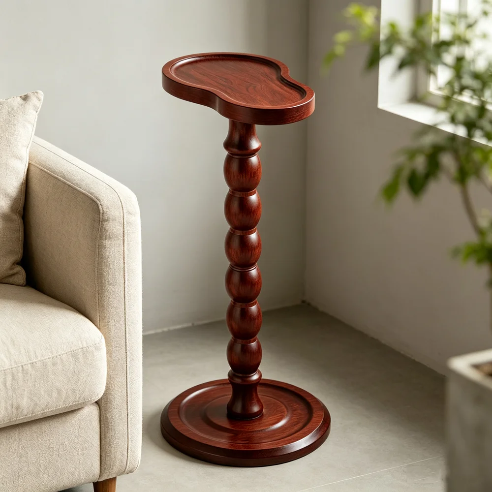 Solid Wood Side Table Hand Carved Gourd Legs Cloud Shaped Top Accent Table for Living Room Bedroom Home Home Office Retro Decor
