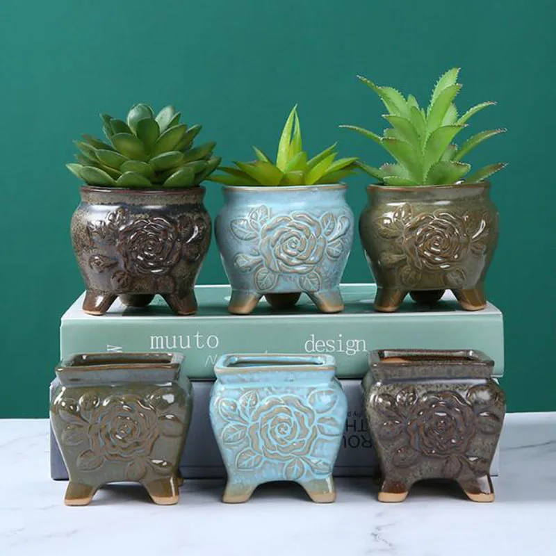 

Mini Thumb Ceramic Succulent Plant Pot Relief Pattern Flowerpot Bonsai Vase Office Desktop Ornaments Home Garden Decor