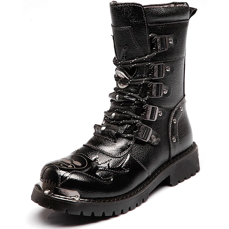 

Lynjacye Mid Cut PU Punk Boots for Men Women All Black Fashion Casual Black Big Head Work Knee High Boots Shoes Man
