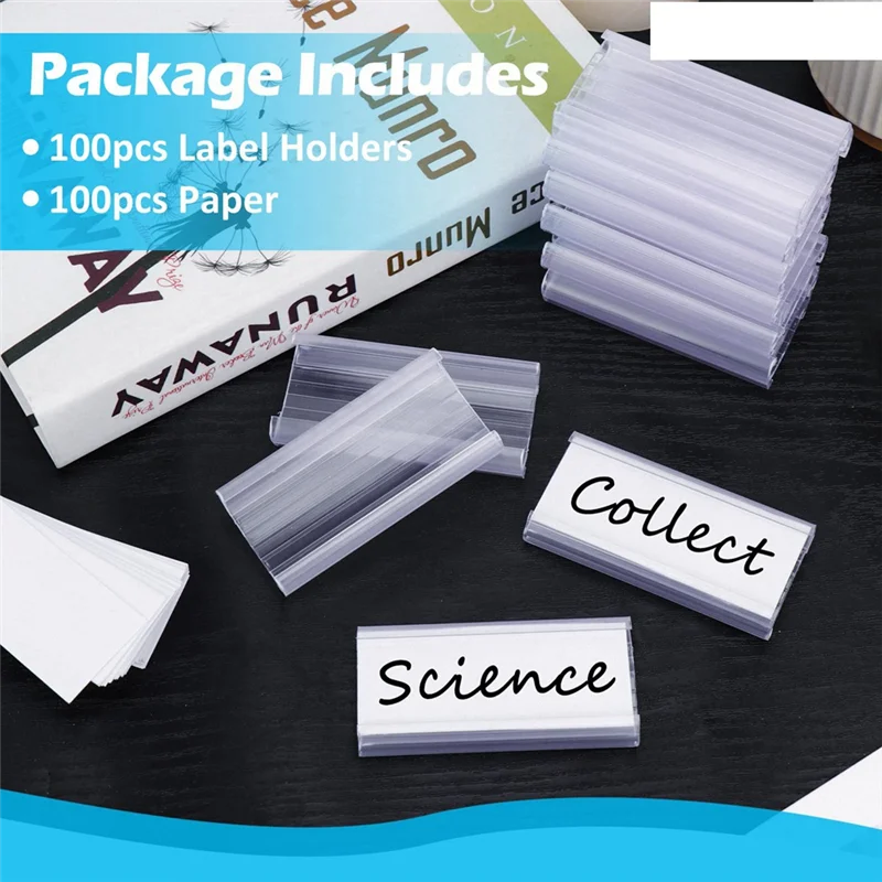 Solid 100 Pcs Wire Shelf Label Holders With 100 Paper Inserts,Wire Label Holder Plastic Shelf Tags Compatble 1-1/4Inch Shelves