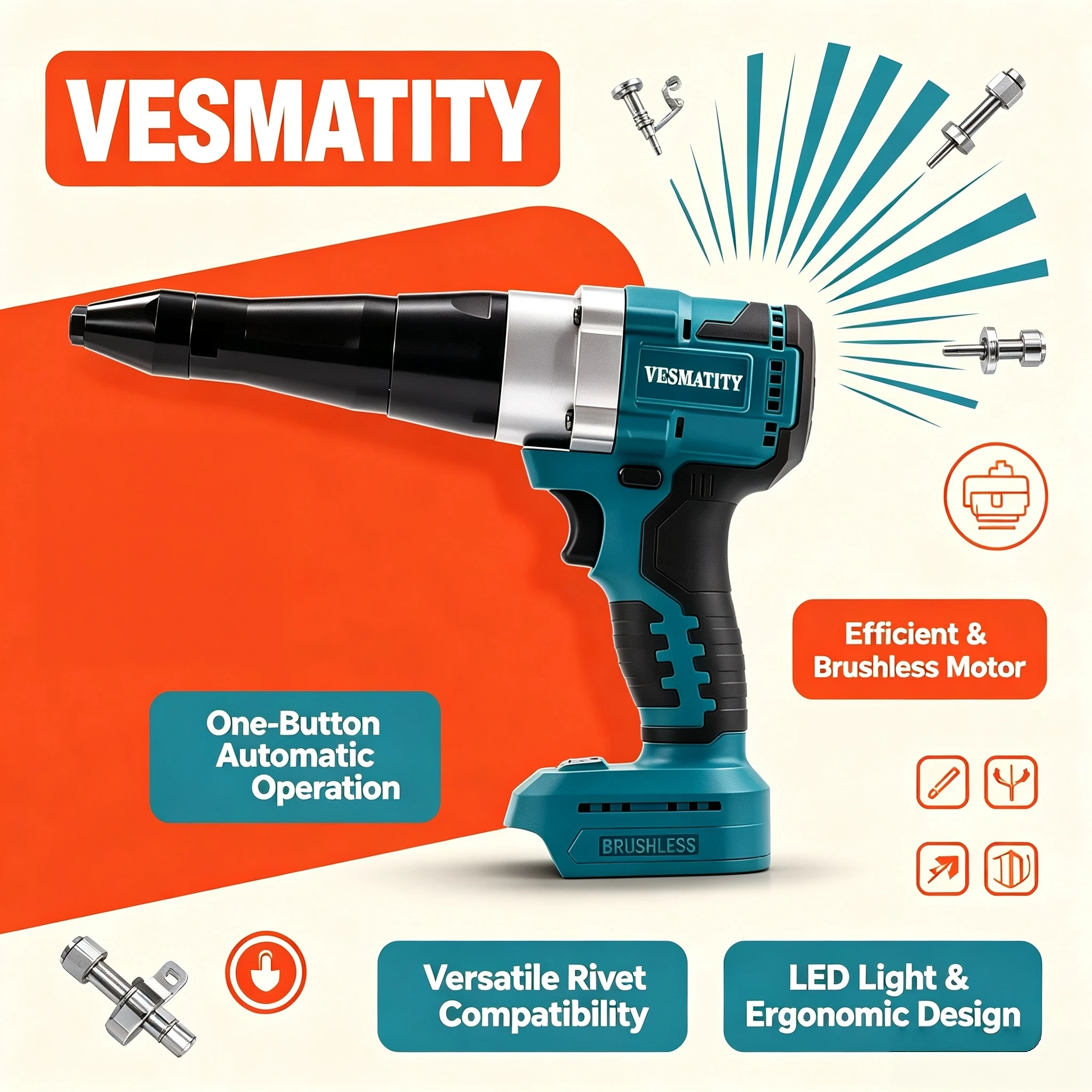 Cordless Automatic Rivet Nut Gun Vesmatity LED Multifunctional Brushless for Makita 18V Battery Core Unit Pro Use