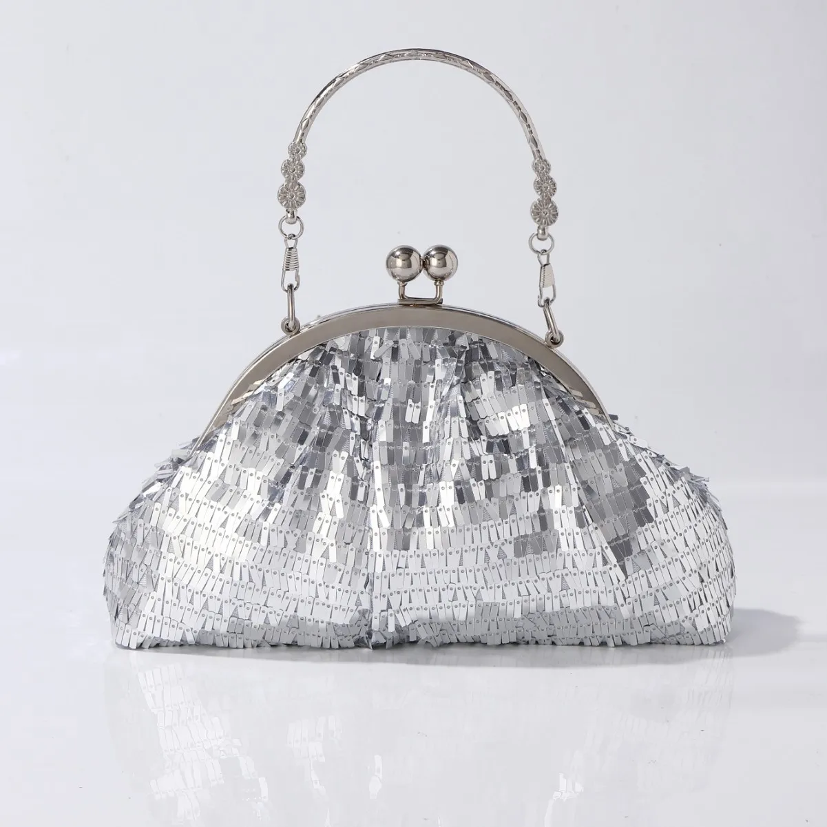 

Silver Sequin Clutch Bag with Rhinestone-Embellished Handle - Sparkling Evening Purse for Party, Prom & Special Occasions