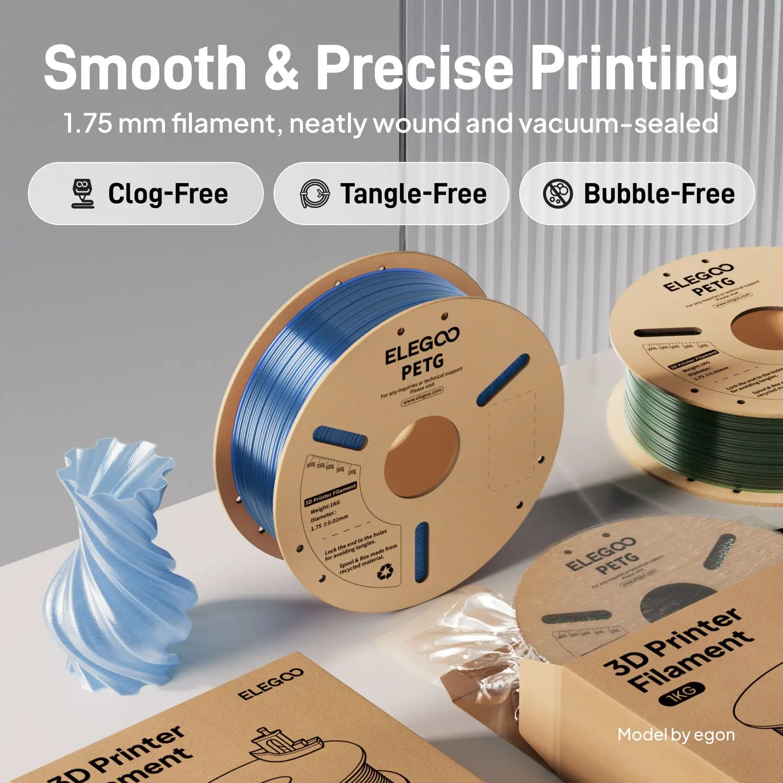 ELEGOO PETG Filament 1.75mm Transparent 10KG/set, Translucent 3D Printer Filament High Precision, Fits for Most FDM 3D Printers