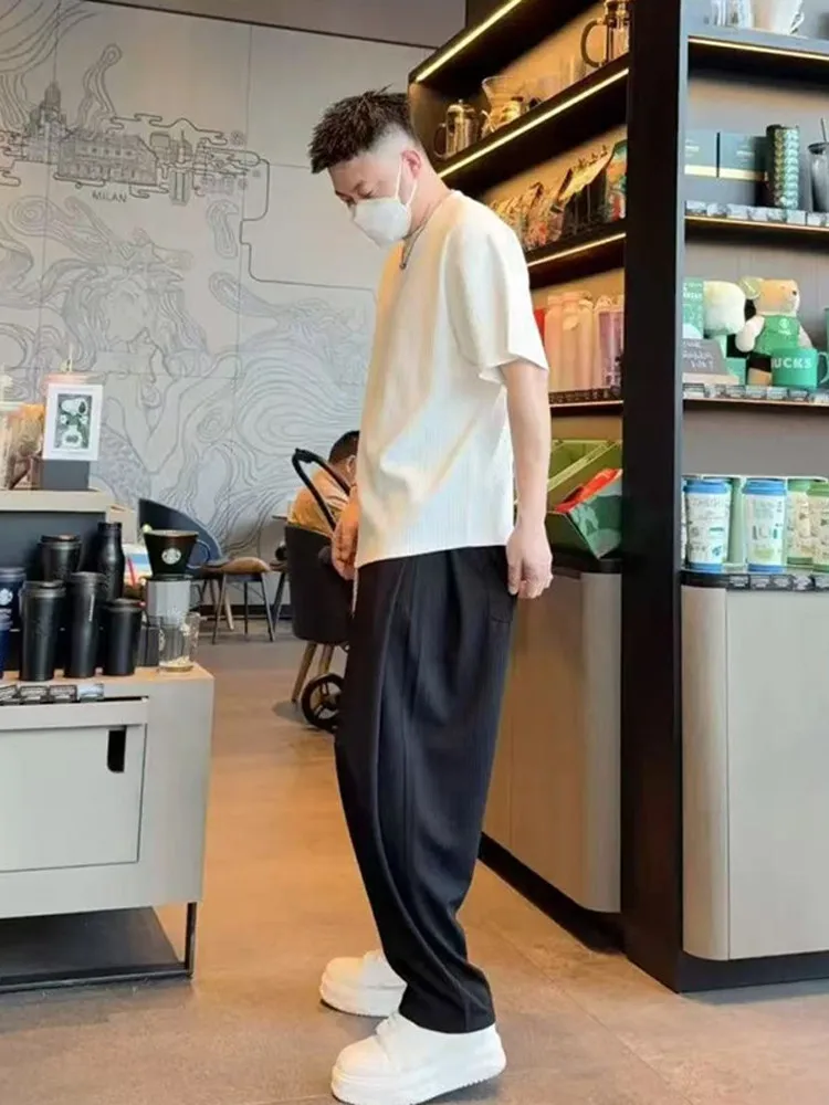 

Summer New Men's Minimalist Lightweight Ice Sensation Versatile Loose Casual Sports Suit Short Sleeve Long Pants Two-Piece Set