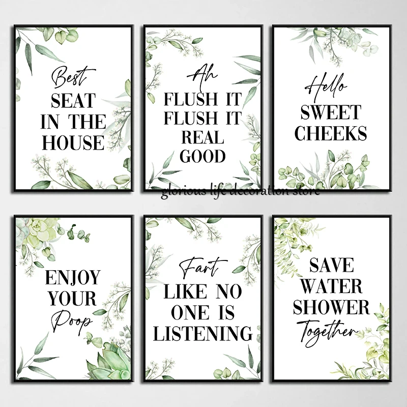 Bathroom Funny Toilet Humour Quotes Minimalist Watercolour Leaf Poster Canvas Printing Wall Art Picture for Room Home Decor