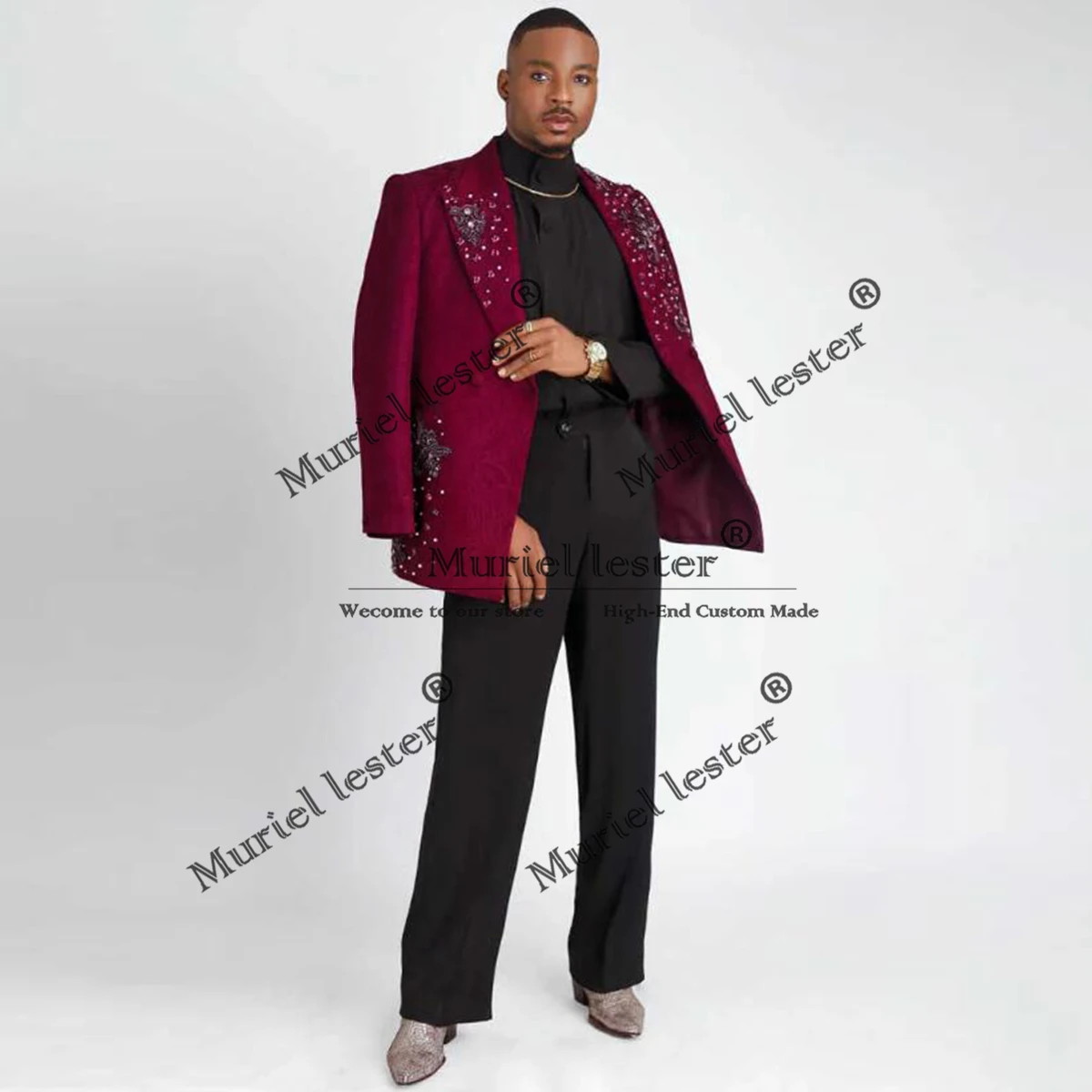 

Burgundy Jacquard Suits Men For Wedding Double Breasted Jacket Pants 2 Pieces Groom Tuxedos Cutomized Man Banquet Party Blazers