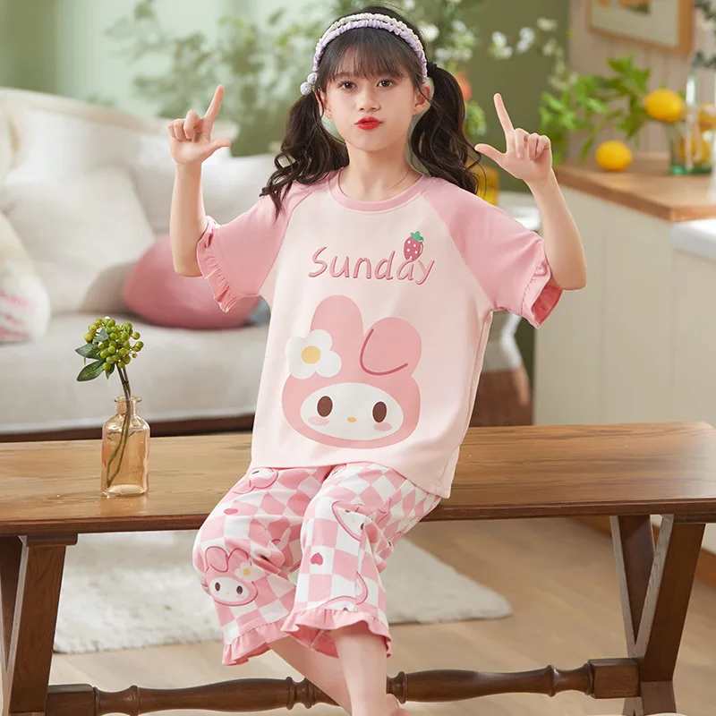 Sanrios Hellokittys Kuromi My Melody Children's Cotton Short-Sleeved Pajamas Set Girls Capri Pants Parent-Child Home Service