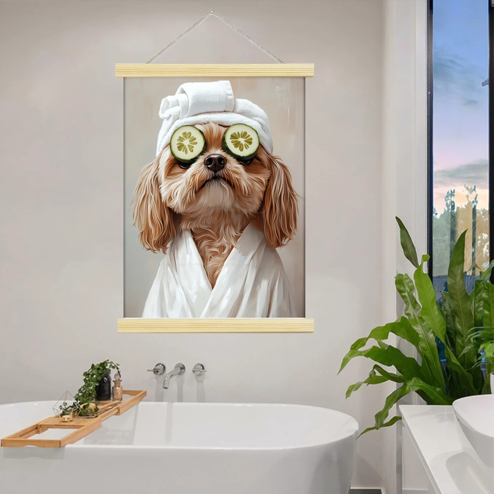 1pcs Whimsical Dog at Spa Scroll Hanging Canvas Poster Hanger Wall Art, Light-Toned Wall Art for Living Room Gift for Birthdays