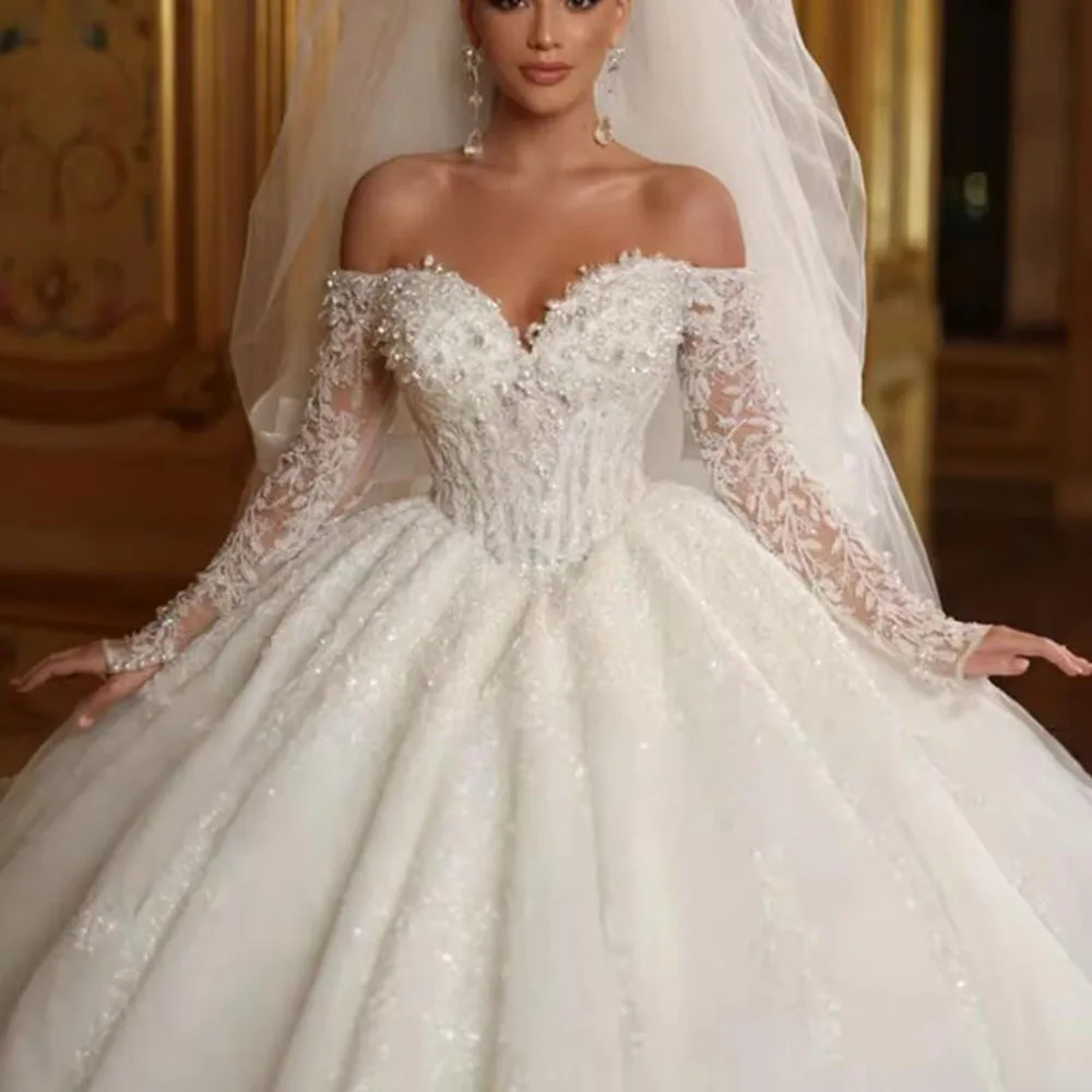 Sparkly Beading Sequins Wedding Dress Formal Wear V Neck Long Sleeves Appliques A Line Bridal Gowns Customized Vestiod Novias