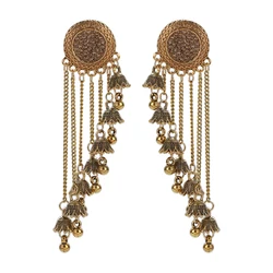 Long Jhumka Ethnic Earrings Pendientes Women's Vintage Gold Color Chain Flower Tassel Earrings Fashion Crystal Round Jewelry