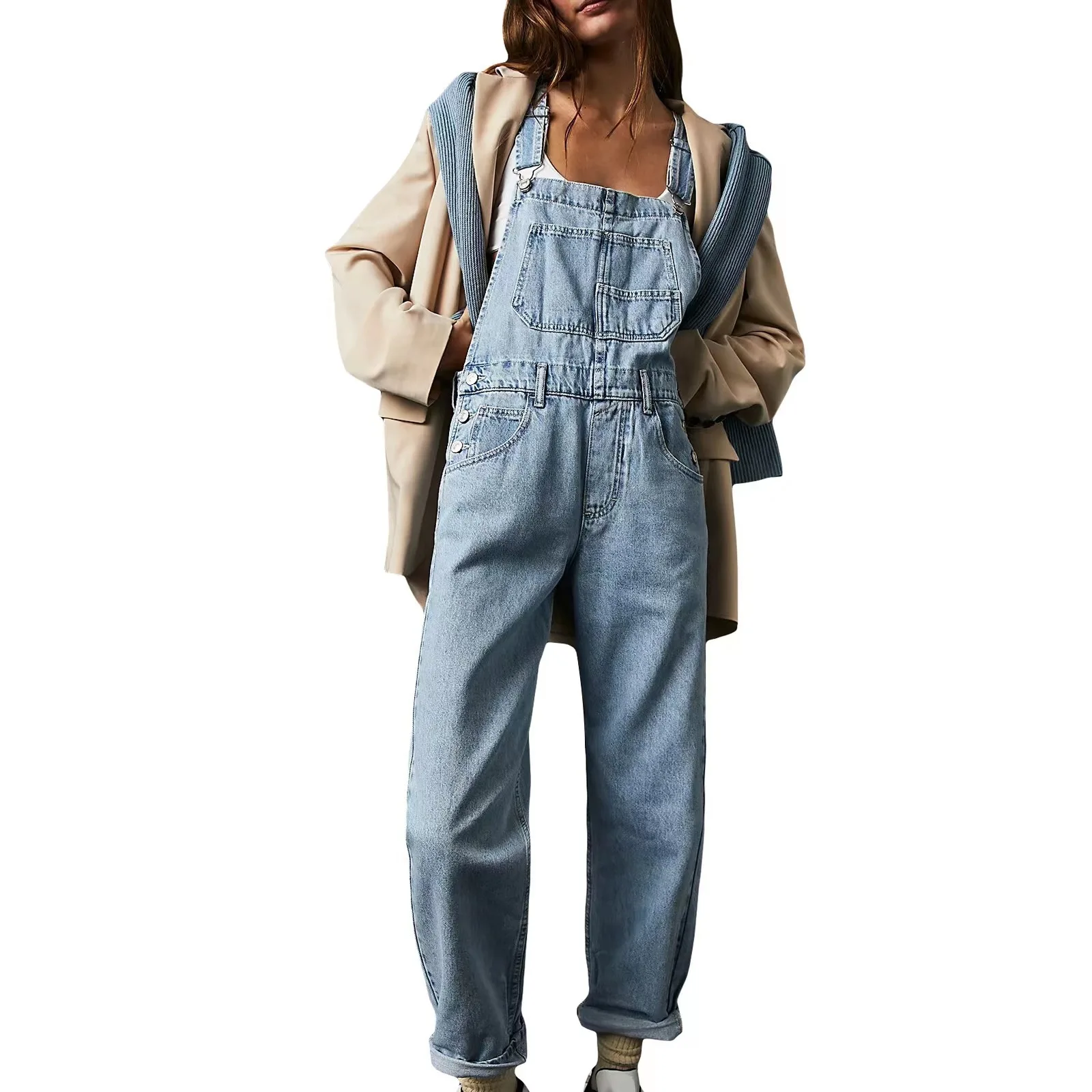 Women's shoulder strap jeans 2026 fashionable casual loose women's denim shoulder strap pants