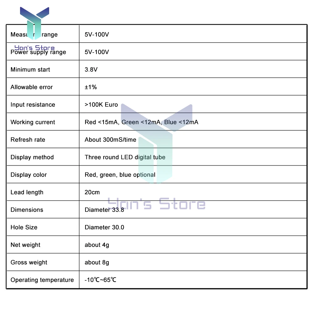 DC 4-100V LED Digital Display Round Two-wire Voltmeter DC Digital Car Voltage Current Meter Volt Detector Tester Monitor Pane