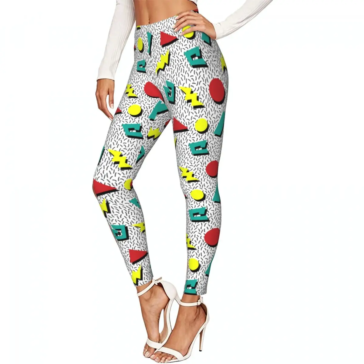 Women Full Length Elastic Leggings High Waist Tight Pants Geometric Retro Memphis Style Casual Bottoms