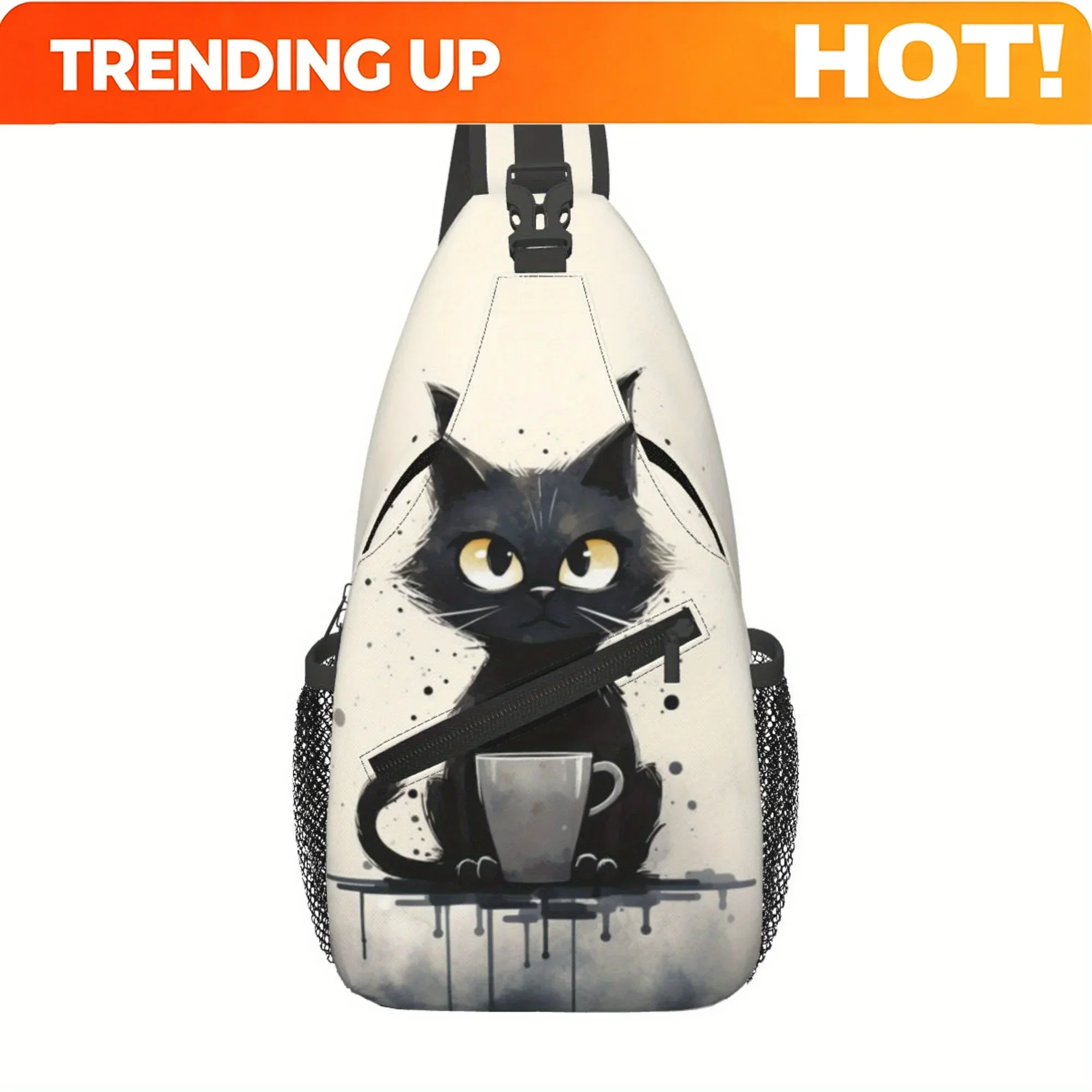 Custom Big-Eyed Cartoon Black Cat With Universal Casual Bucket Bag, Durable Polyester Material, Stylish And Versatile Crossbody