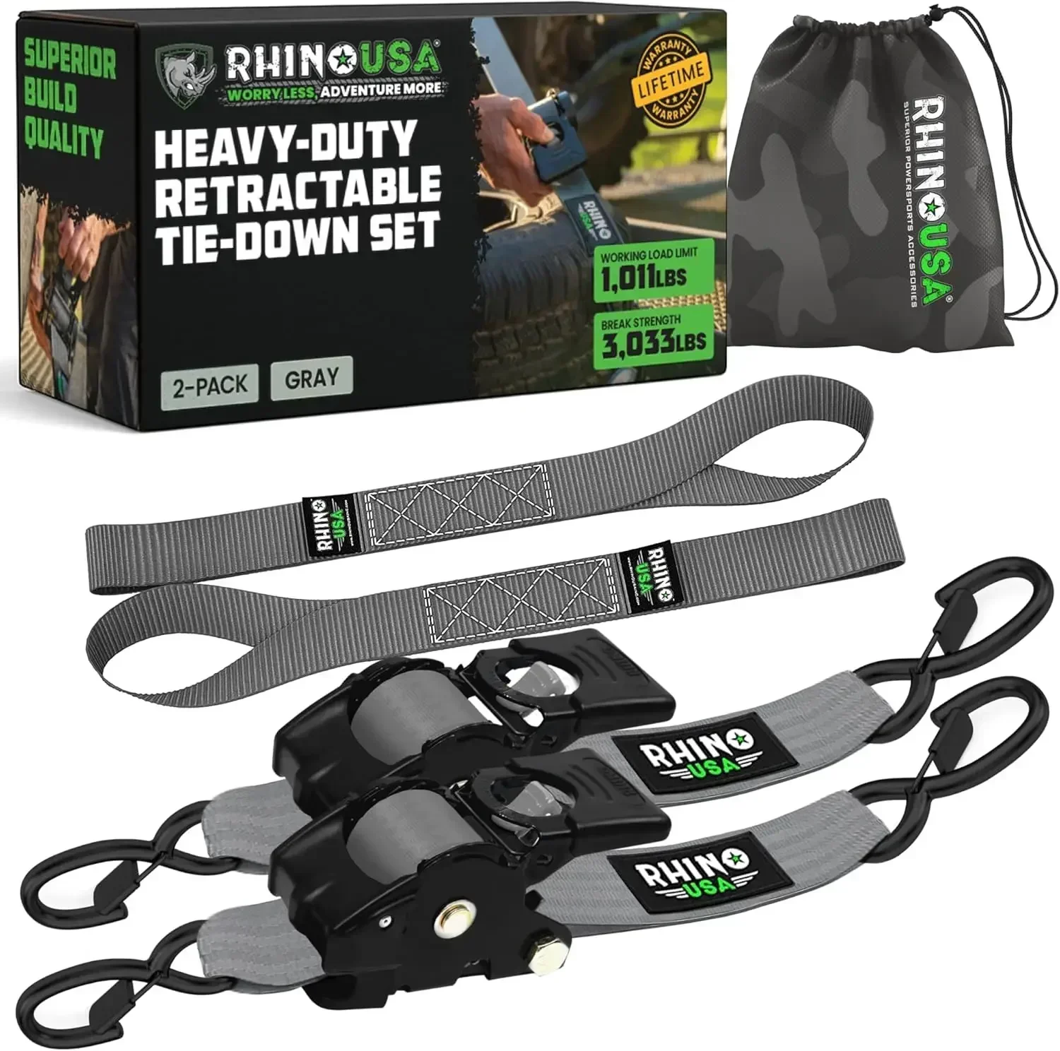 

Retractable Ratchet Straps (2-Pack) - 2 Inch x 10 Feet (3,033lb Break Strength) - Heavy Duty Auto Self Retracting Tie Down