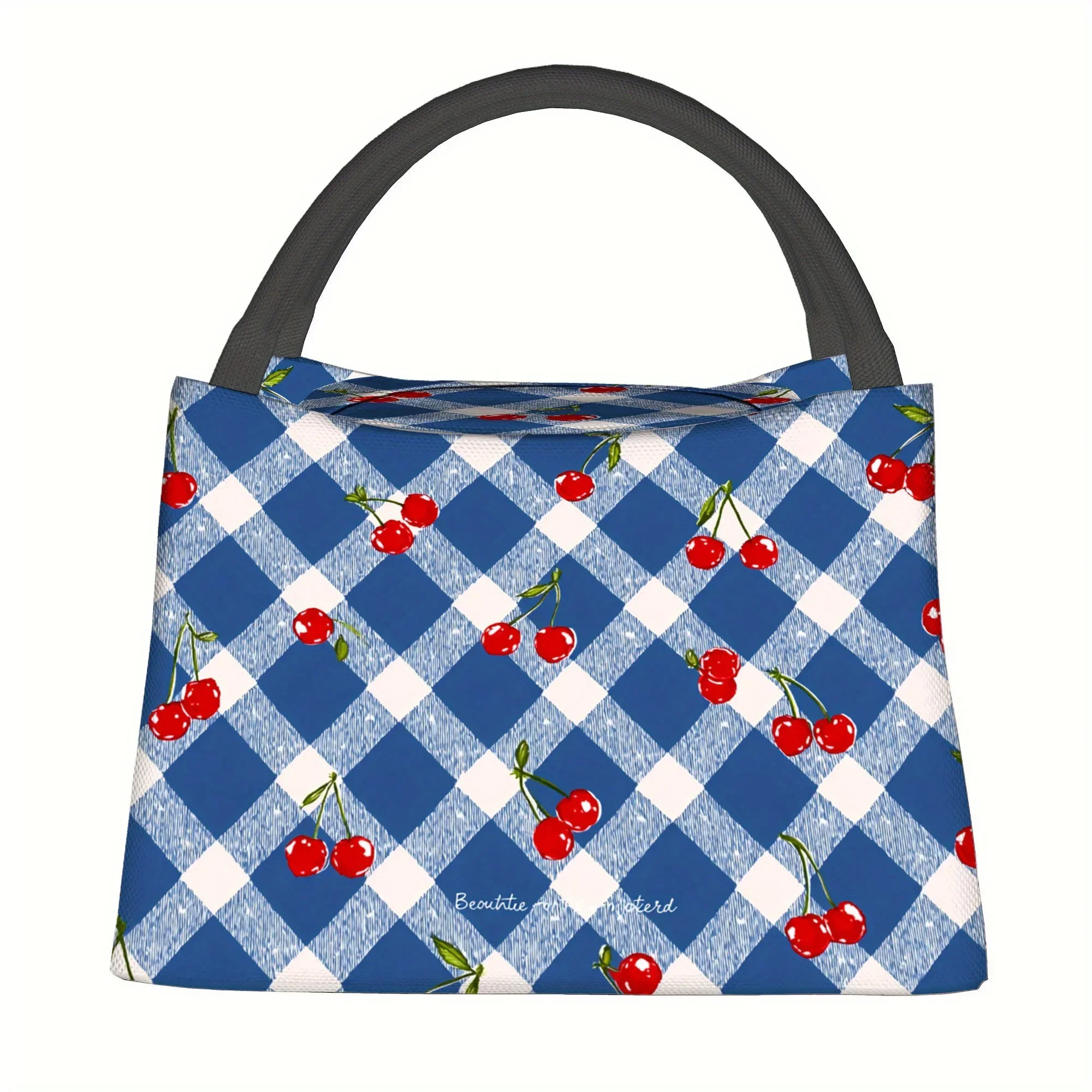 1pc a Thermal Bag Featuring Cherries on a Blue Checkered Background. This Insulated Bag Is Not Intended for Direct Food