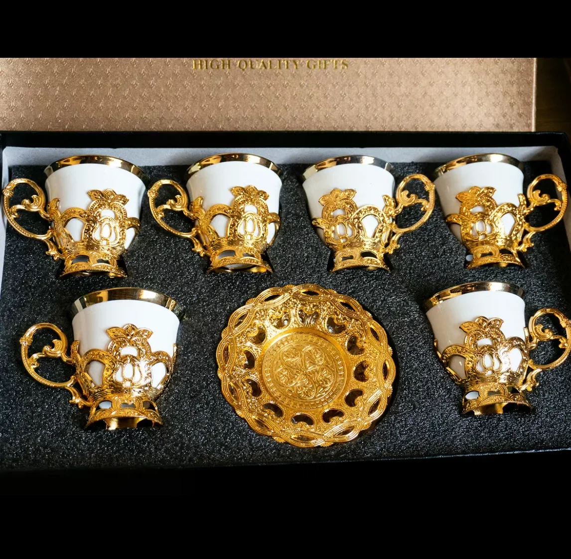 Light luxury and retro electroplated coffee cup set gift box Low cup European Gold Rim set cup and saucer six cups six plates