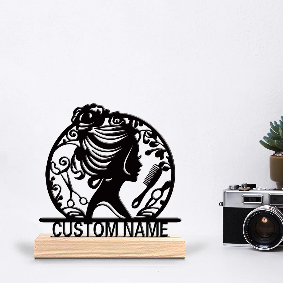 1pc Creative Hair Salon Personalized Text Metal Statue Metal Art Crafts With Wood Base Iron Statue With Wood Base For Girl Gifts
