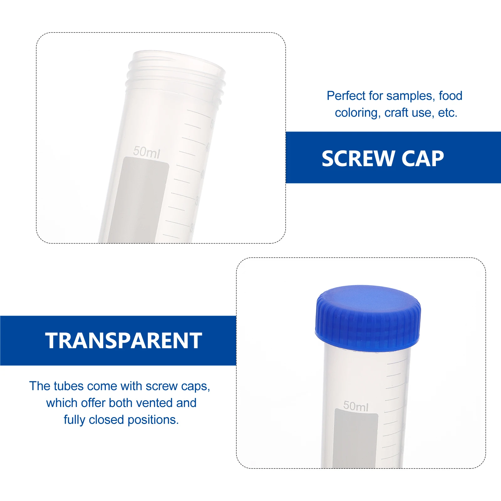 

50 Pcs Tubes Plastic Self Standing Clear Lab Conical Tube Screw Caps Laboratory Test Storage High Transparency