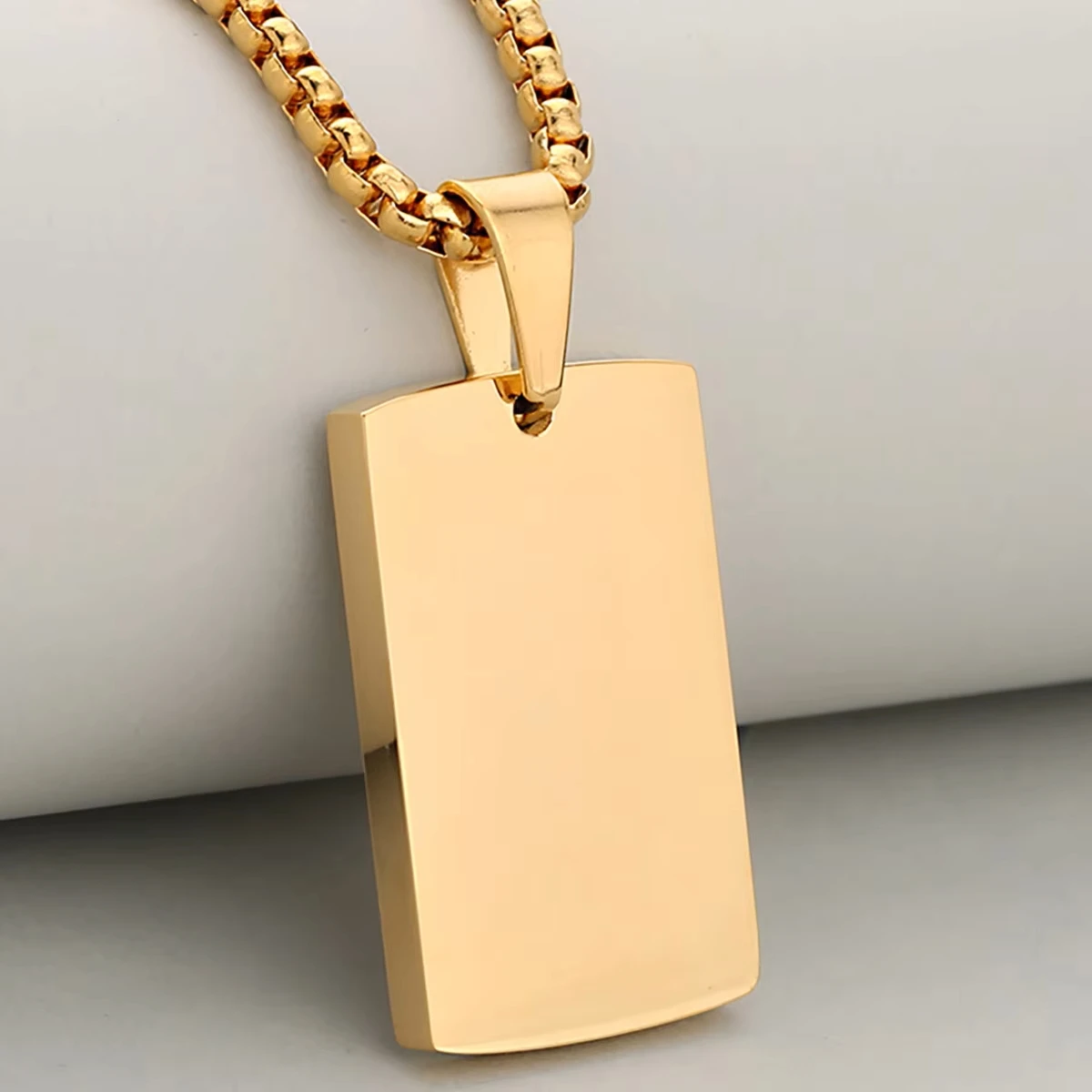 316L Edelstahl-Hundemarken-Halskette für Männer, goldfarben, mit Kastenkette, rechteckigem Anhänger, Schmuckgeschenk – Detail 1