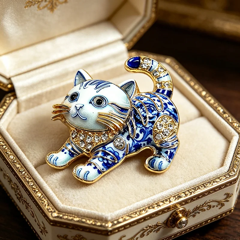 Chinoiserie Blue White Porcelain Style Cat Brooch Enamel Pattern Kitten Lapel Pin Vintage Jewelry for Women Suit Coat Accessory view 3