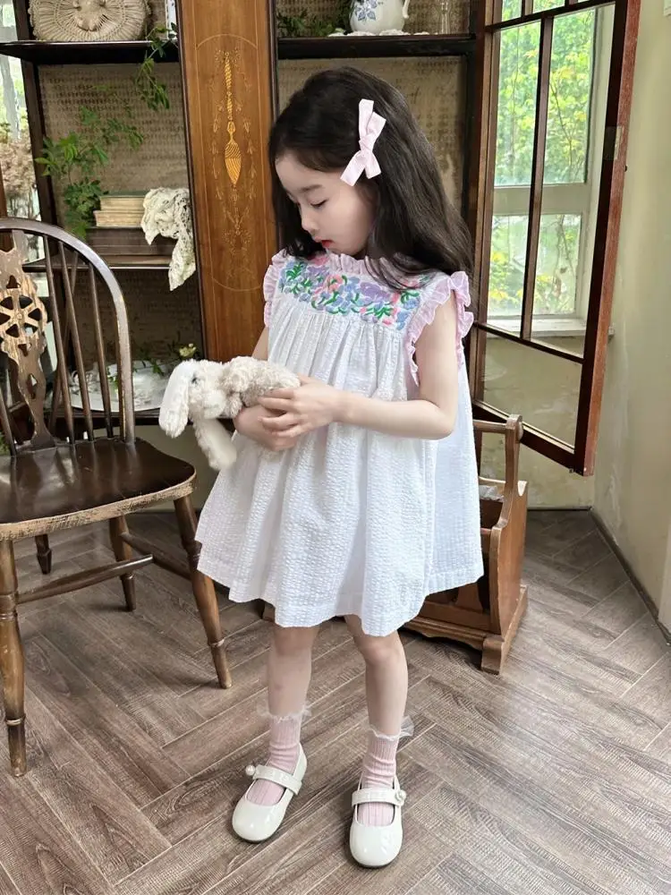 2024 Baby Girl Clothes Girls' Flower Embroidered Dresses Sleeveless Round Neck Dress Cotton Boutique Kids Fashion Soft Vestidos