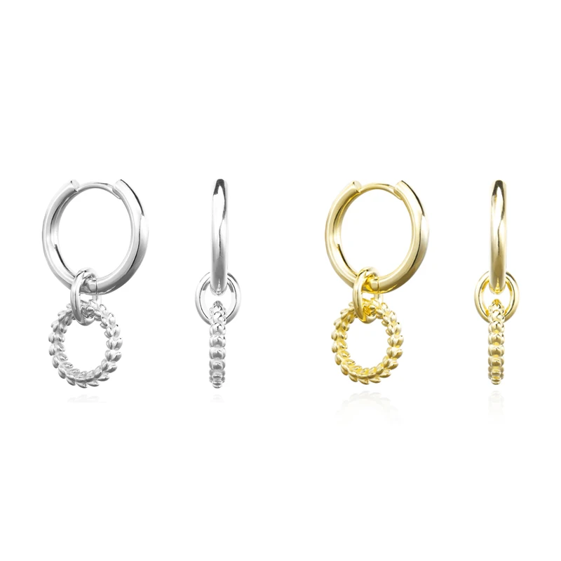 

925 Sterling Silver Hoop Earrings Double Circle Big Round Rock Lock Hip Hop Dangling Earrings Women Interlocked Circle Earrings