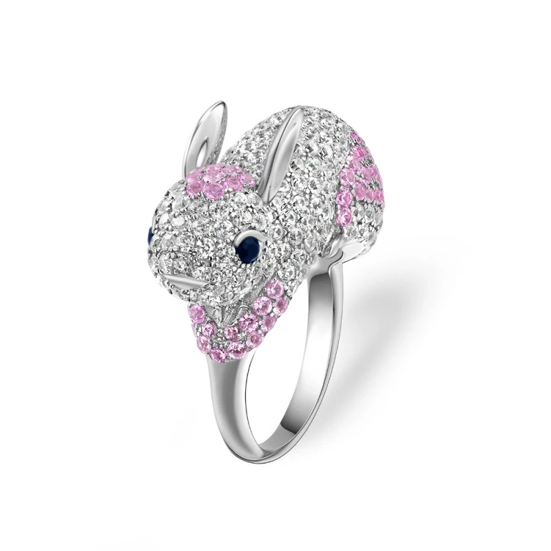

BELLUX Jewelry 925 Silver Luxury Ring Pink and White Full Diamond Rabbit Shaped Cute Ring