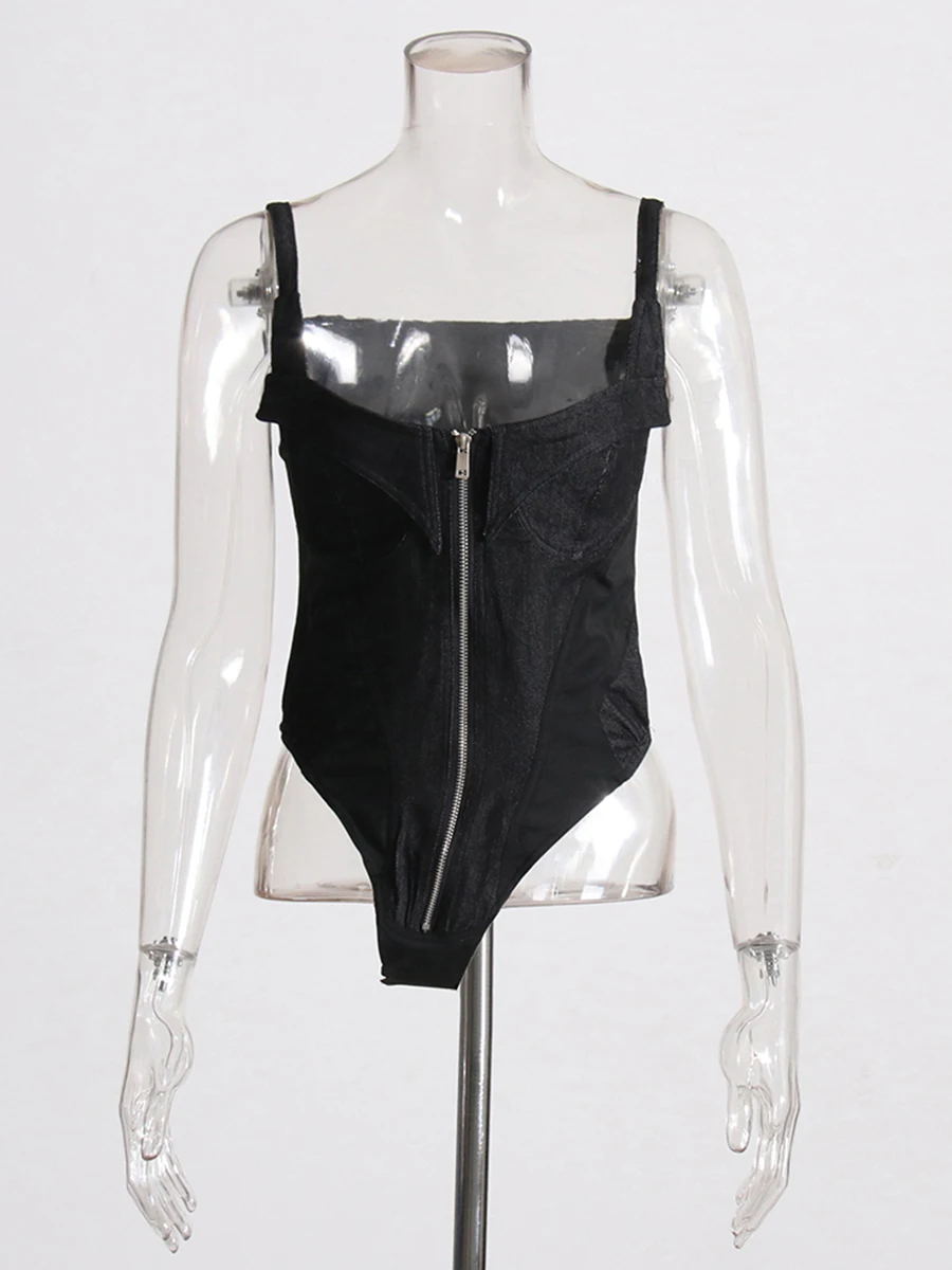 VGH-Combishort Sexy Amincissant pour Femme, Combishort à Col Carré, Couleur Unie, Fermeture Éclair, Taille Haute, Dos aux