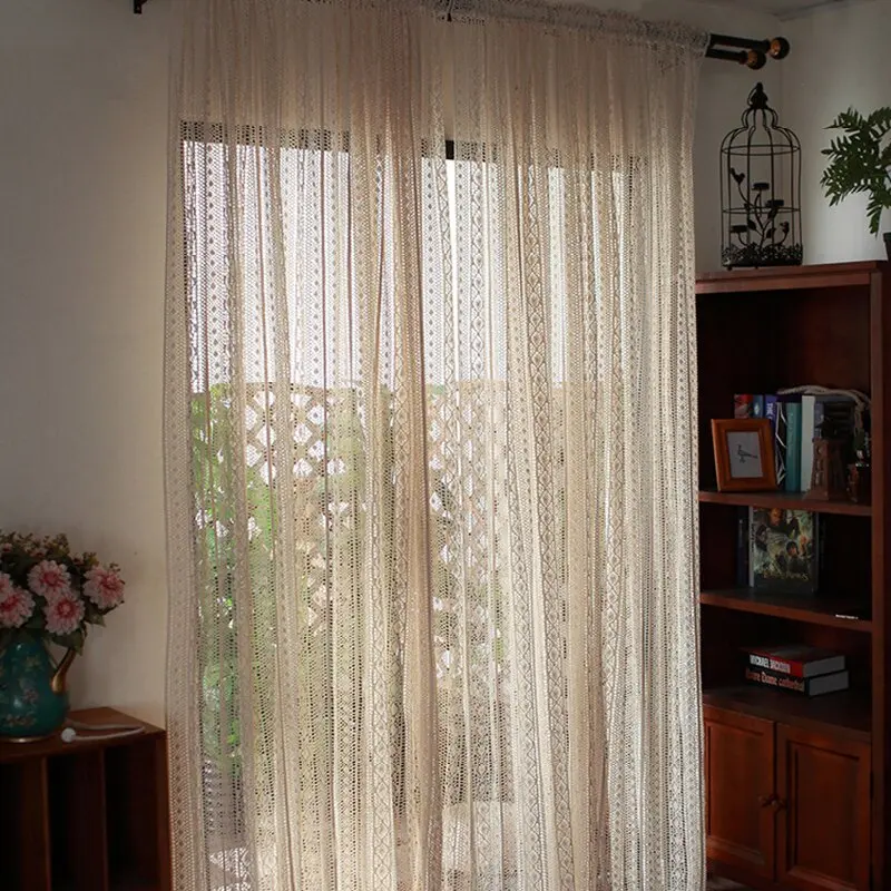 

Rustic Crochet Curtains Living Room Vintage Farmhouse Knitted Boho Beige Rod Pocket Drapes Tassel Curtain for Bedroom Home Decor