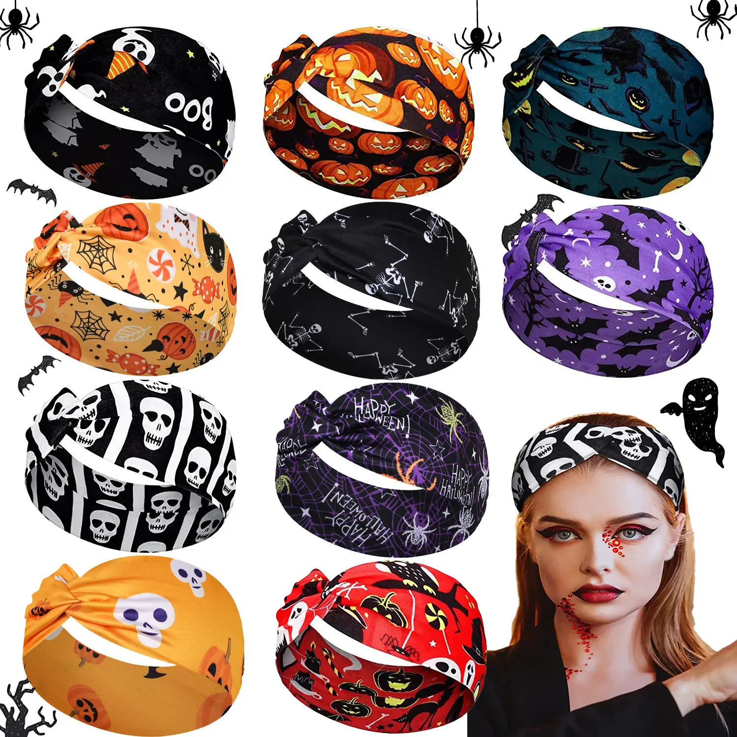 Halloween Skull Flower Print Wide Headbands Vintage Knot Elastic Turban Headwrap For Women Girls Soft Bandana Hair Accessories