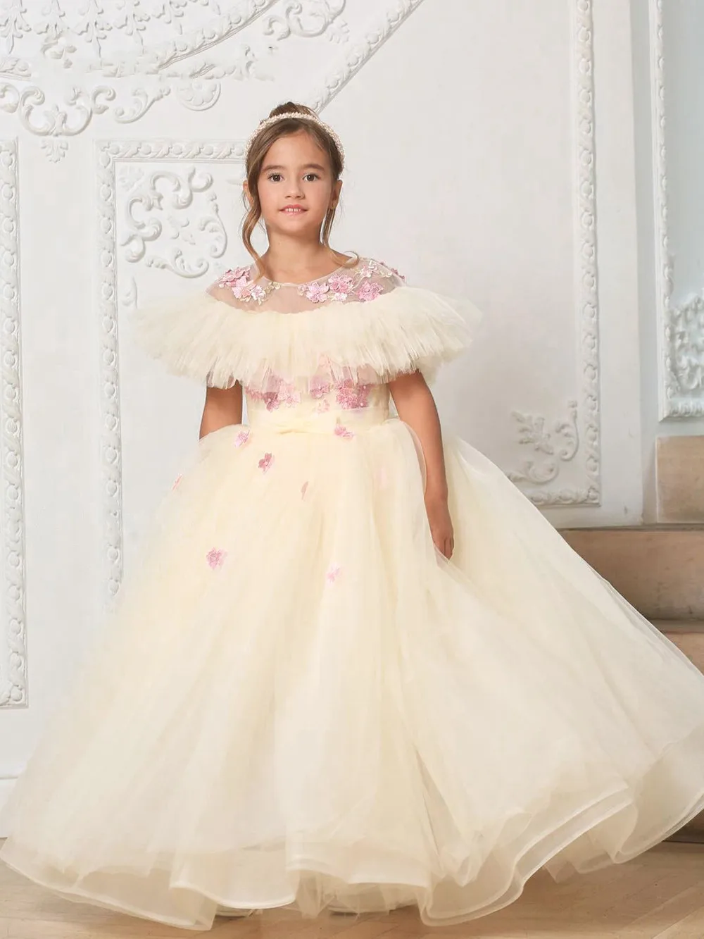 

3D Floral Embroidery Child Bridesmaid Flower Girl Dress for Wedding Layers Tulle Kid Princess Evening Prom Party Gowns